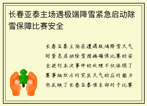 长春亚泰主场遇极端降雪紧急启动除雪保障比赛安全 长春亚泰主场遇极端降雪紧急启动除雪保障比赛安全